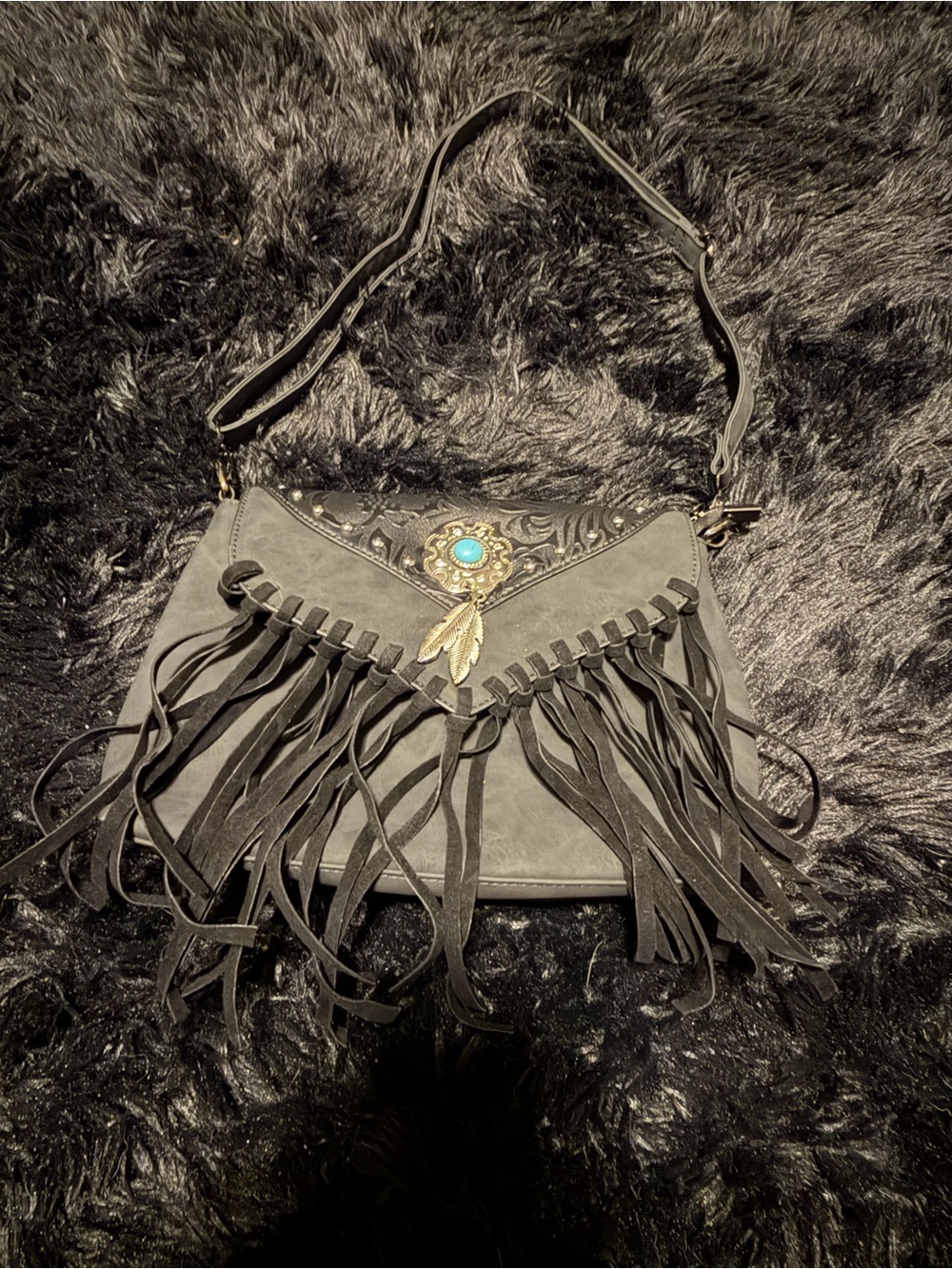 Black Fringe Shoulder Bag with Turquoise Accent